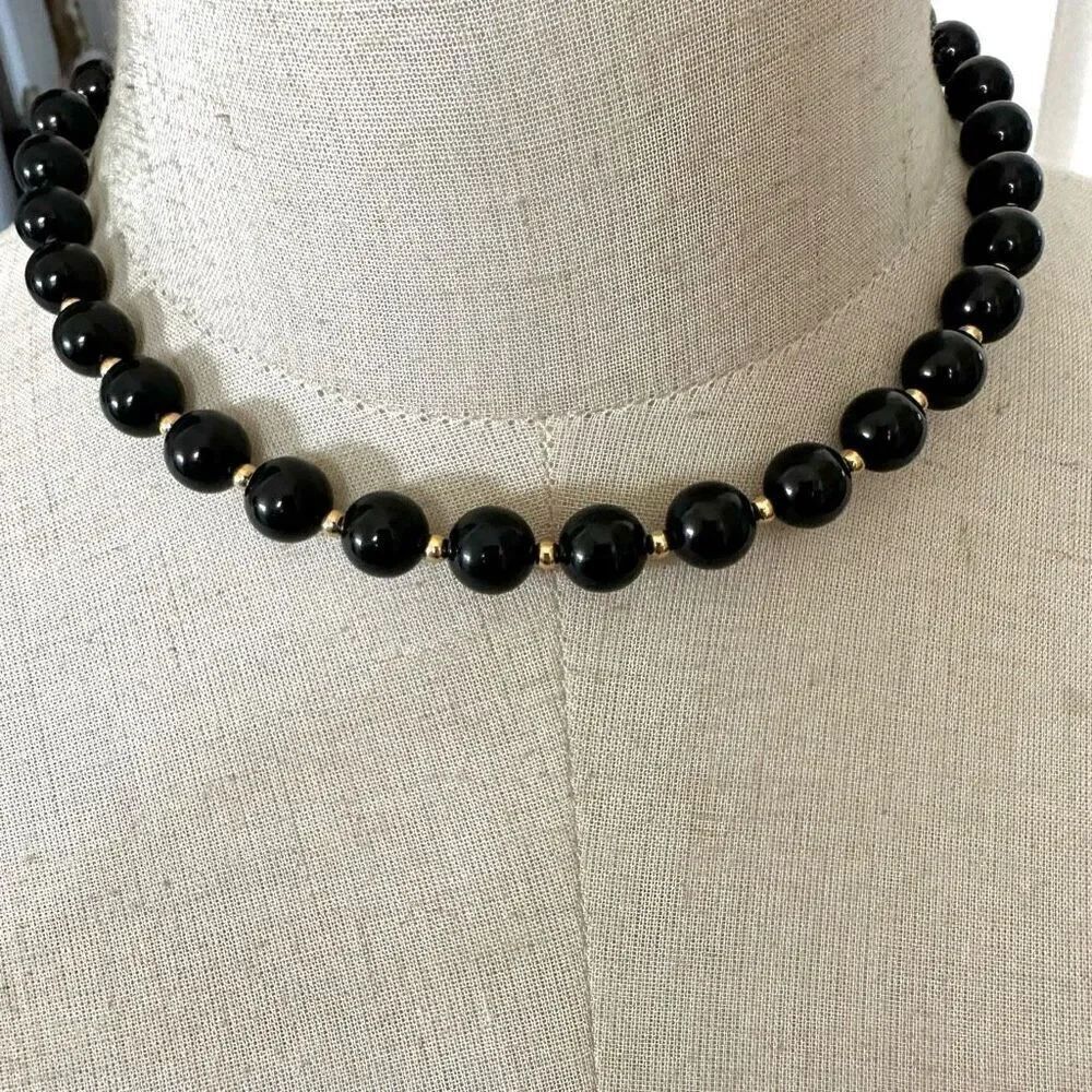 Monet vintage black beaded and gold tone spacers choker necklace